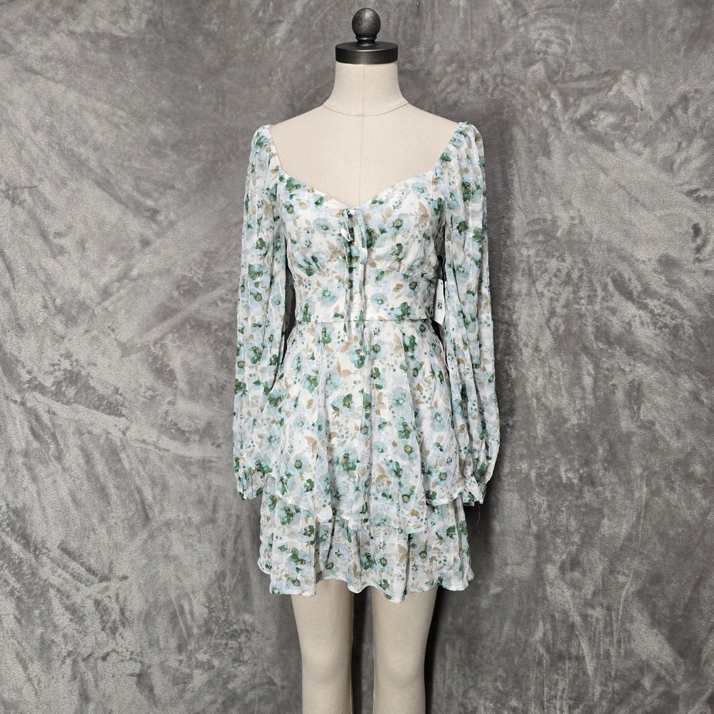 Crystal Doll Green Floral Mini Dress Lurex Spring Fairy Ethereal Tiered Sheer XS